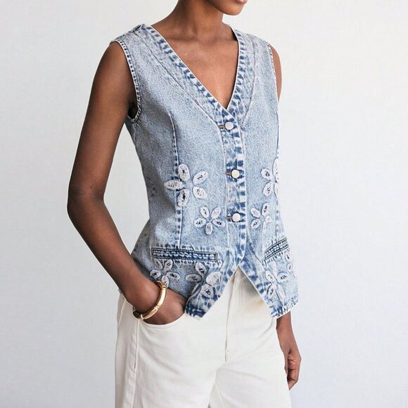 Light Wash Casual Women's Washed Floral Pattern Front Button Denim Vest - Picture 7 of 8